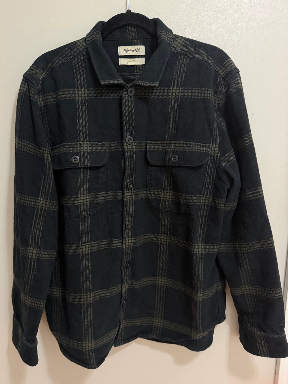 Madewell Easy Fit Plaid Flannel Button-Up Shirt Black Olive Green Size Large
